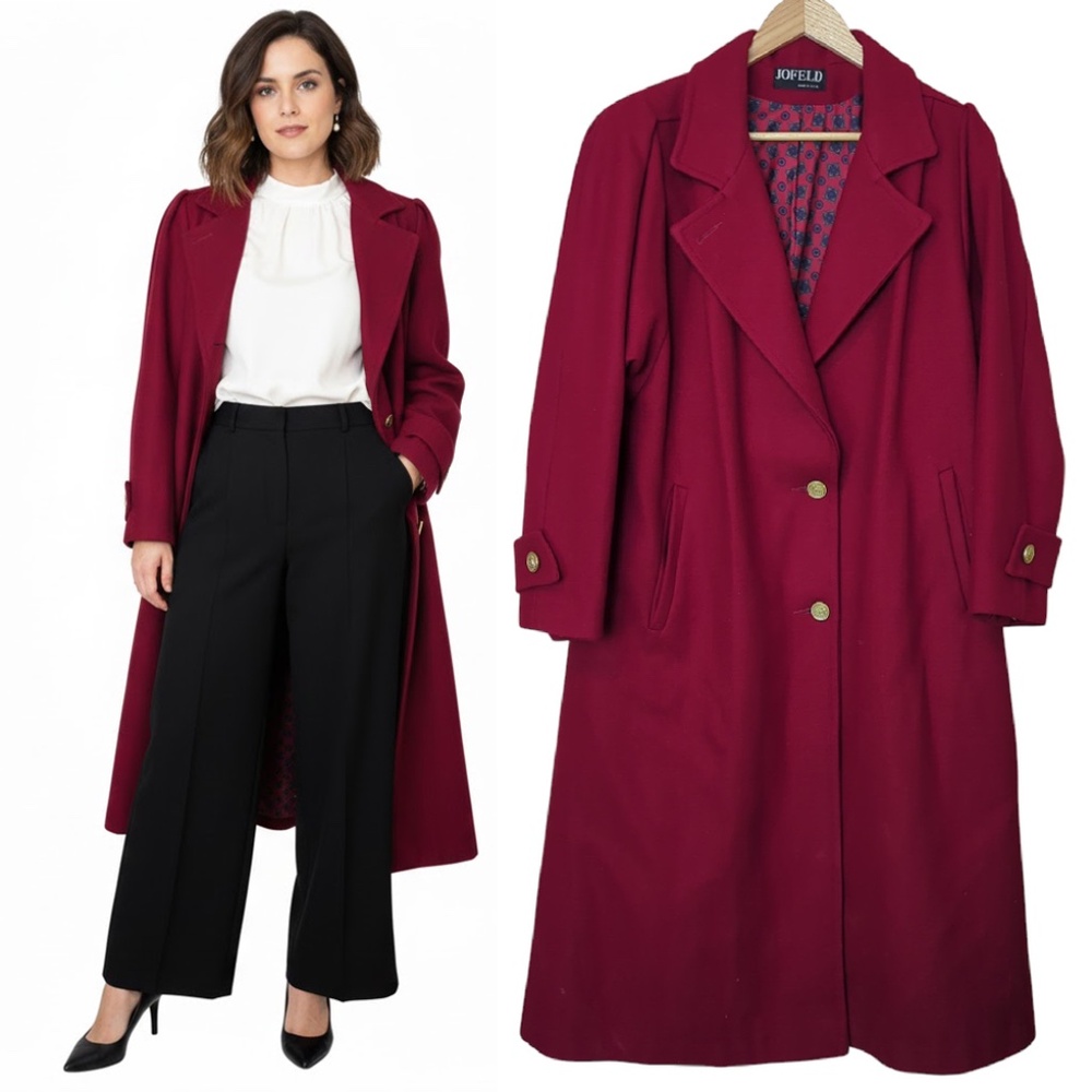 Vintage 80s Deep Raspberry Burgundy Wool Maxi Coat Statement Piece